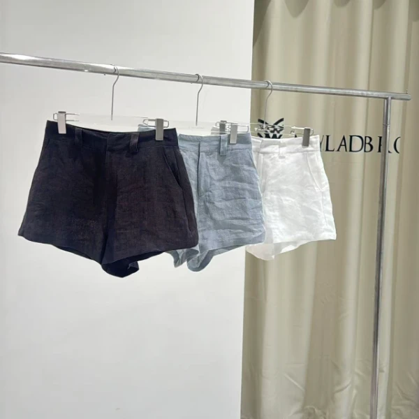 高奢松弛感时髦老钱风100%色织亚麻短裤