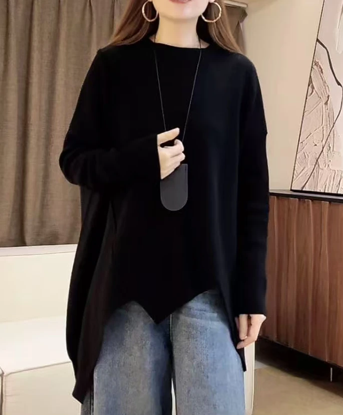 长袖针织衫女宽松气质感下摆片式设计感不规则下摆大码百搭纯色