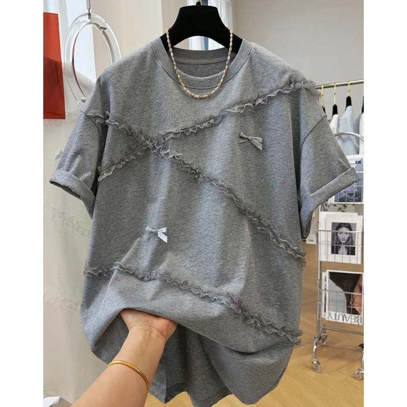 2025韩系宽松休闲蕾丝花边装饰超好看短袖T恤女夏季单穿半袖上衣