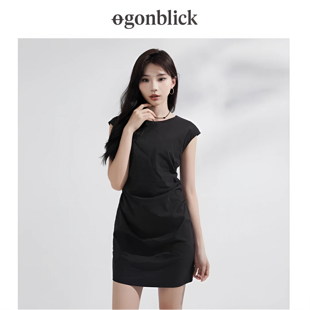 北欧时刻2025夏季新款简约纯色短款一片式连衣裙圆领抽褶显瘦裙子