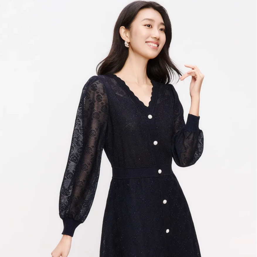 【羊羊专属】珂莱蒂尔深蓝色蕾丝V领长袖连衣裙女舒适V领