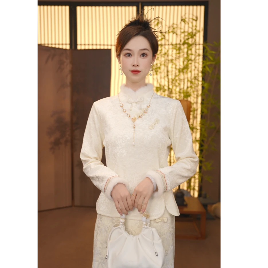 CJ【单调】秋冬季加绒加厚中式提花百搭上衣拼接水貂毛FB2511131