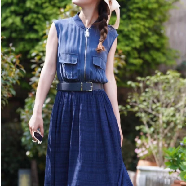 ANSUO-设计师褶皱款无袖宝冠蓝连衣裙