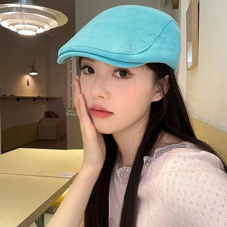 多巴胺穿搭前进帽女夏洋气复古蓝绿色帽子古着风格彩色反戴贝雷帽