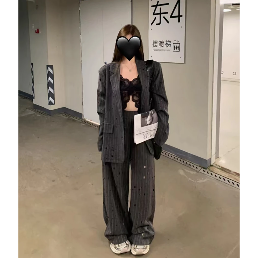 9906气质烫钻条纹西装外套女春秋休闲直筒阔腿两件套装显瘦时尚
