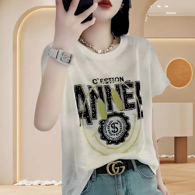 夏季爆款竹节棉白色女士女款短袖时髦t恤小众显瘦洋气上衣服