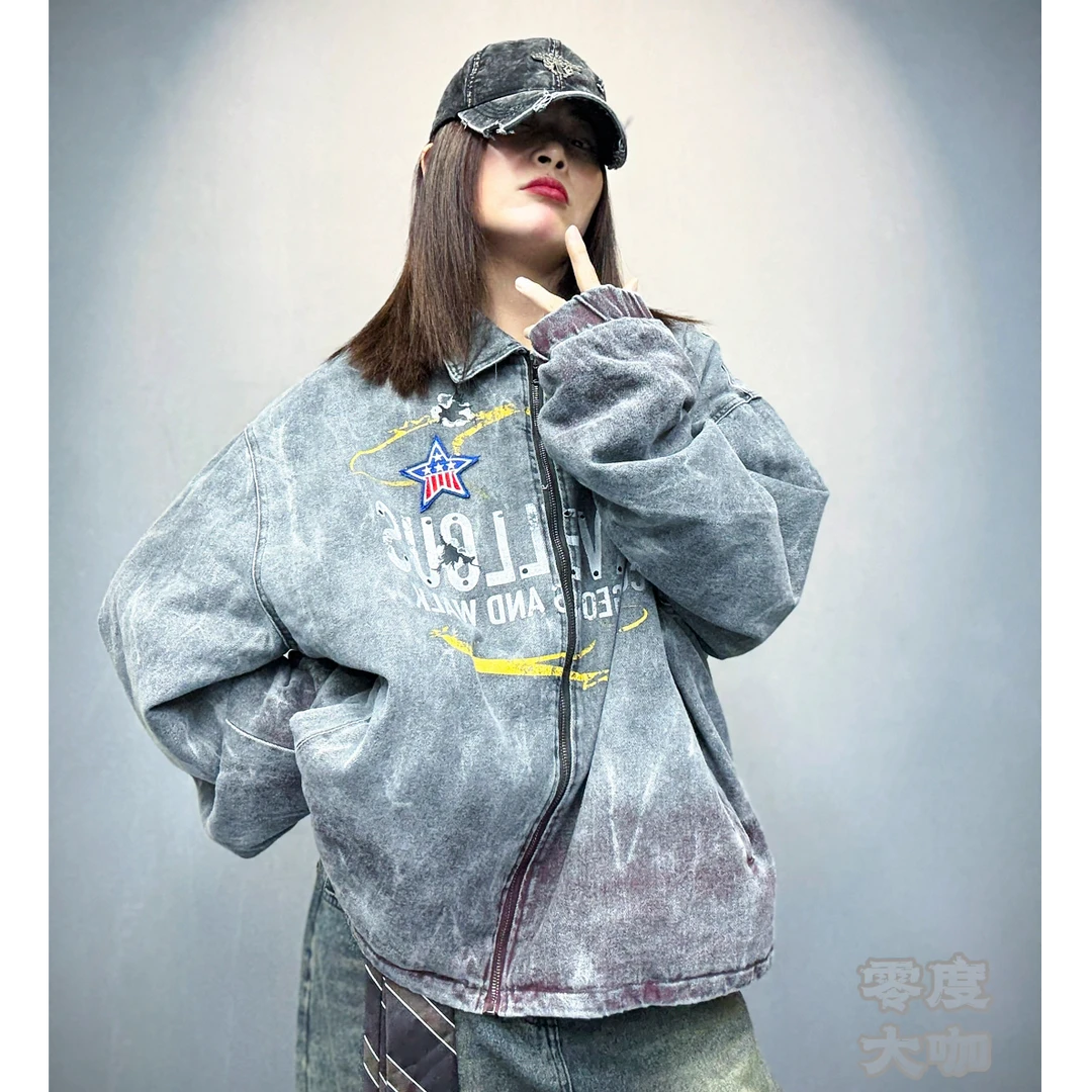 1988棉衣外套秋冬新潮美式宽松休闲扎染渐变刺绣字母翻领夹克