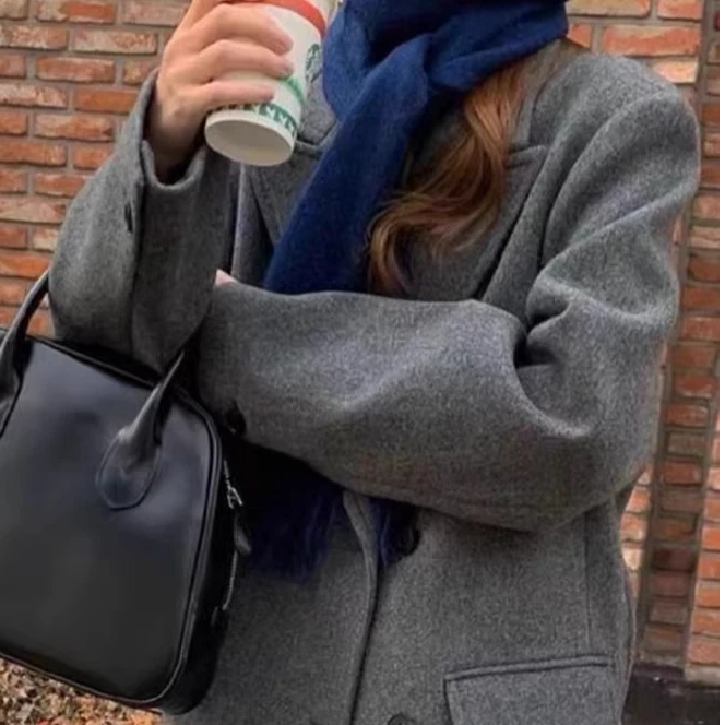 2024秋冬新款韩版高端西装式双面羊毛大衣女高级灰色加厚毛呢外套