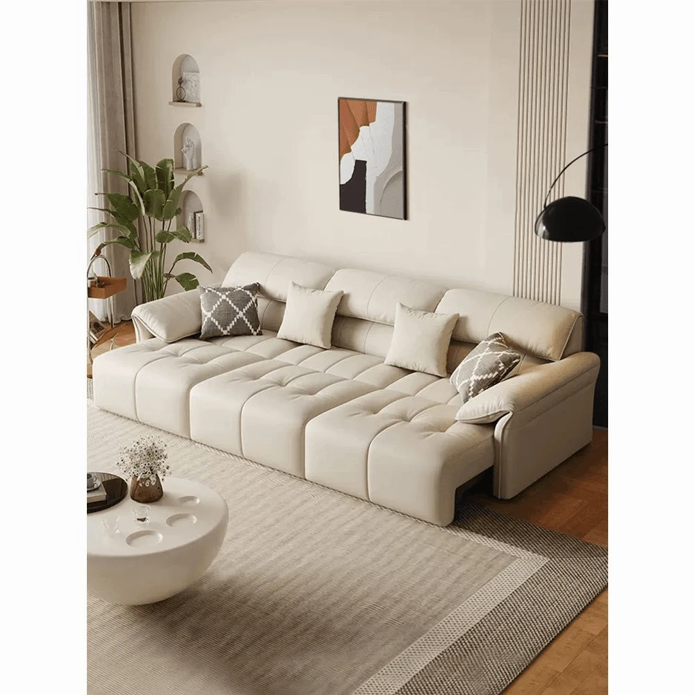 奶油风大象耳朵多功能智能真皮沙发2024新款可伸缩沙发床直排