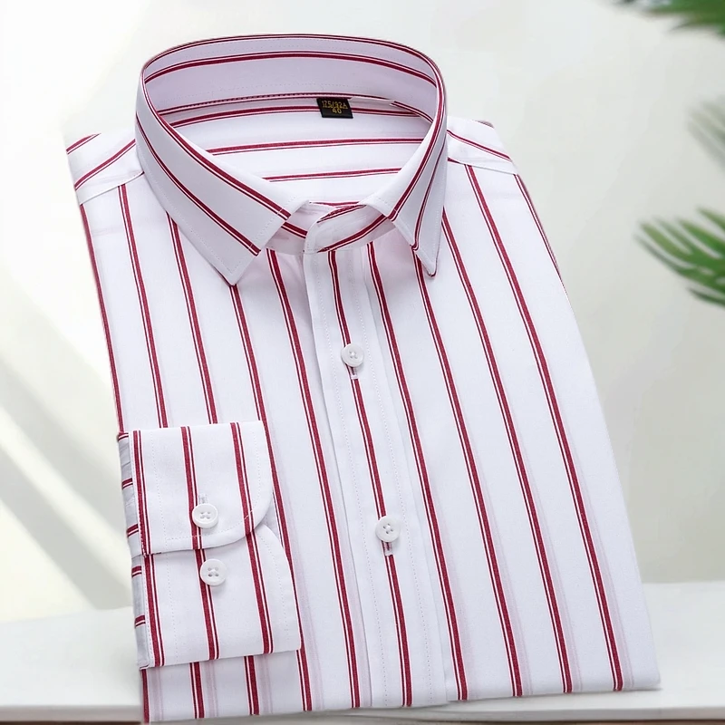秋季潮流红条纹DP免烫防皱商务抗皱休闲方领衬衣男士正装衬衫男