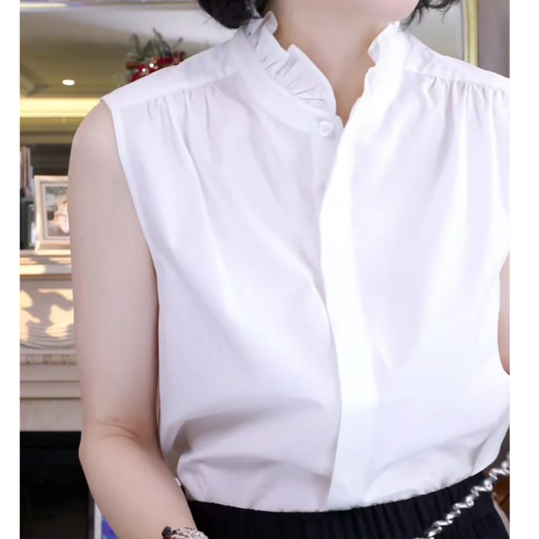 60支新疆长绒棉立领小荷叶花边H型无袖衬衫女2025春款白衬衣