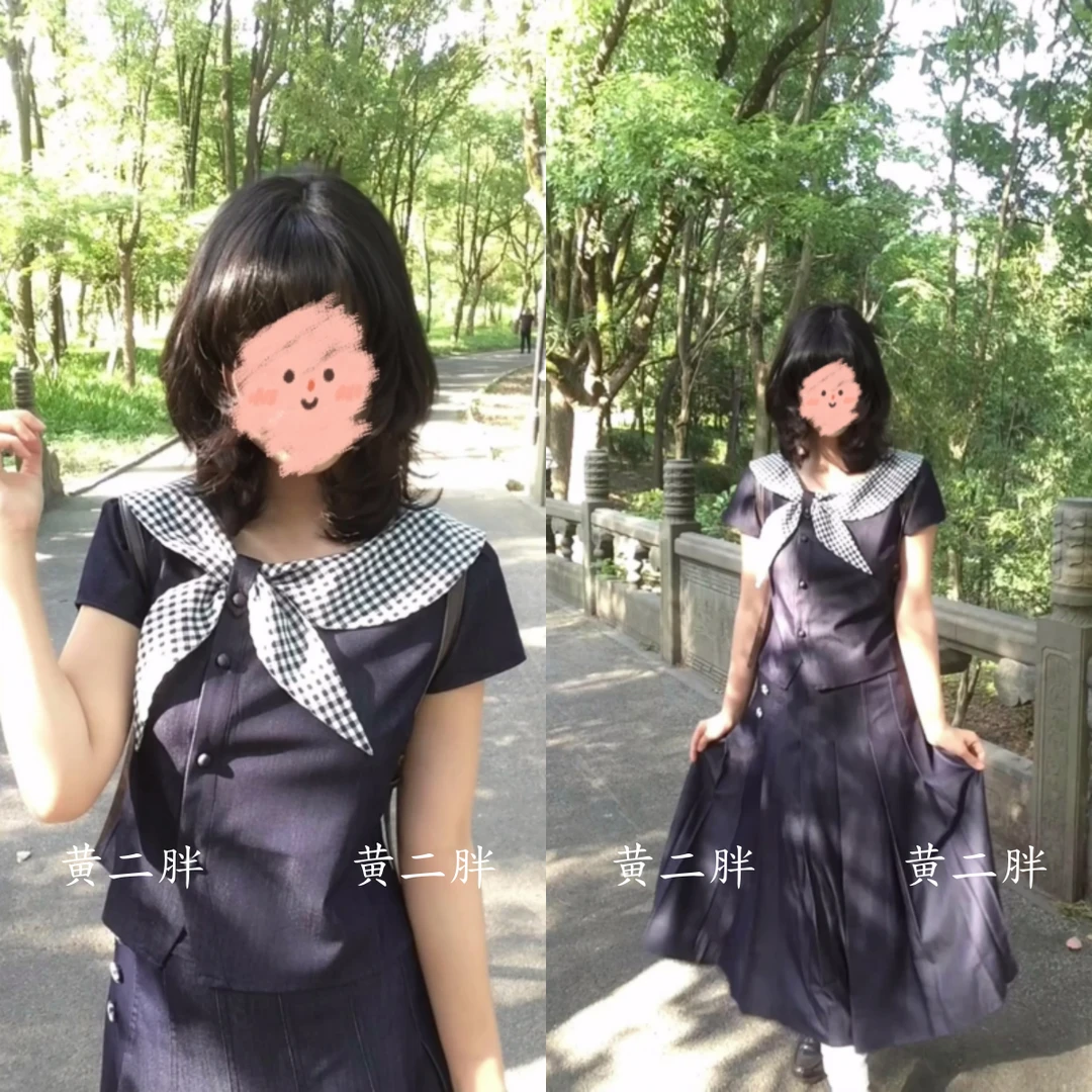 日系海军领学院风穿搭套装女别致短袖上衣+显瘦半身裙2025夏新款