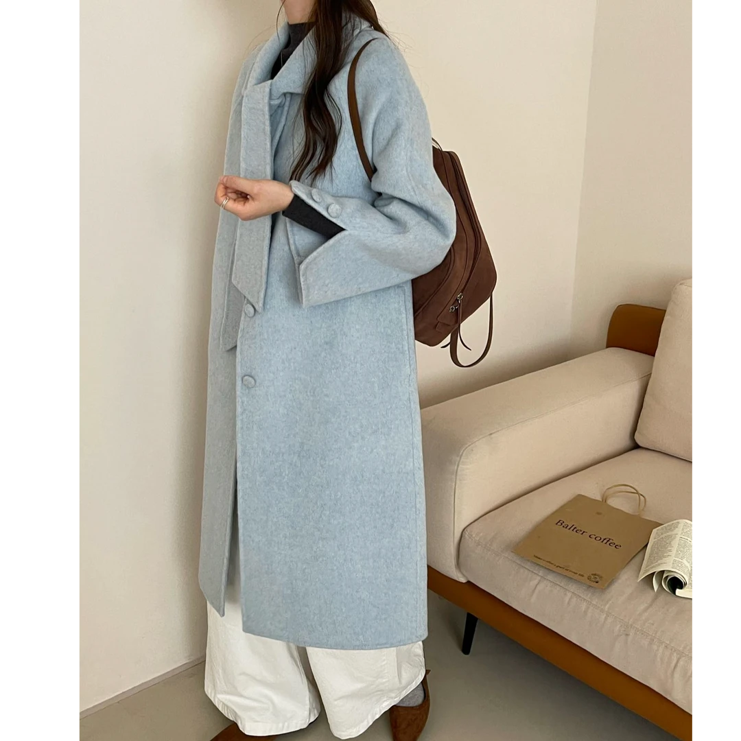 {小跑专属}2025韩版中长款系带双面羊毛大衣