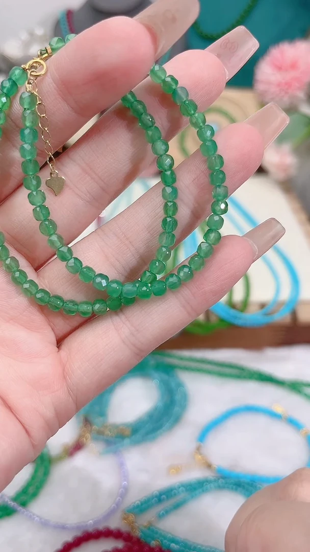 绿水晶手链银S925镶嵌刻15