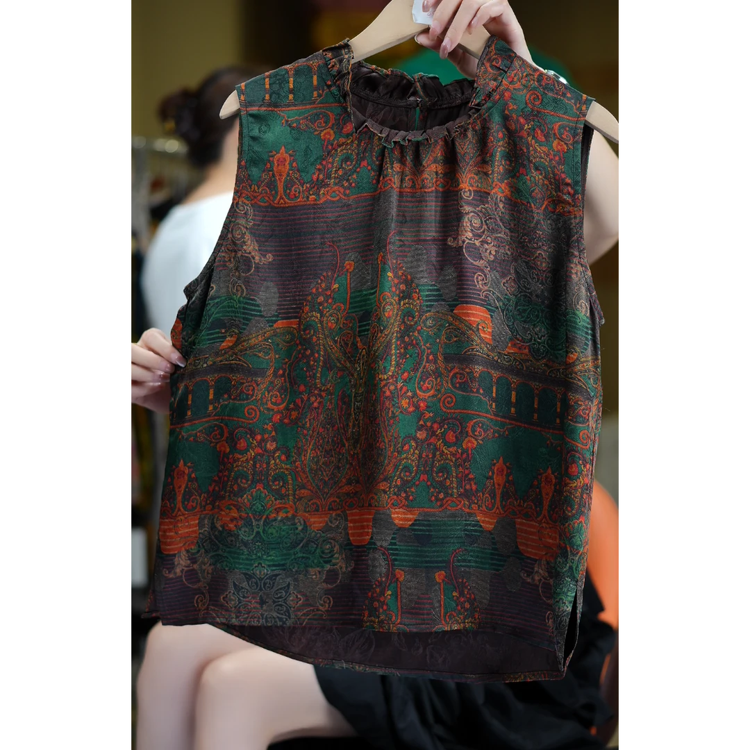 檀棕墨绿《非遗美学》1349新中式复古立领修身显瘦无袖上衣