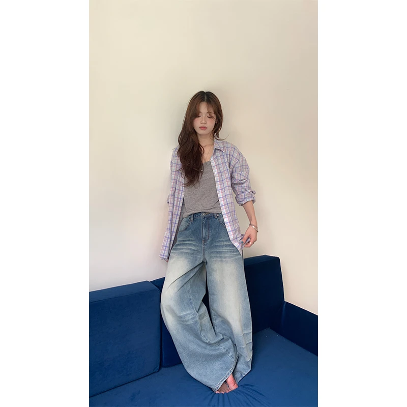 【香香的梨】新款水洗做旧阔腿牛仔裤女XL1563