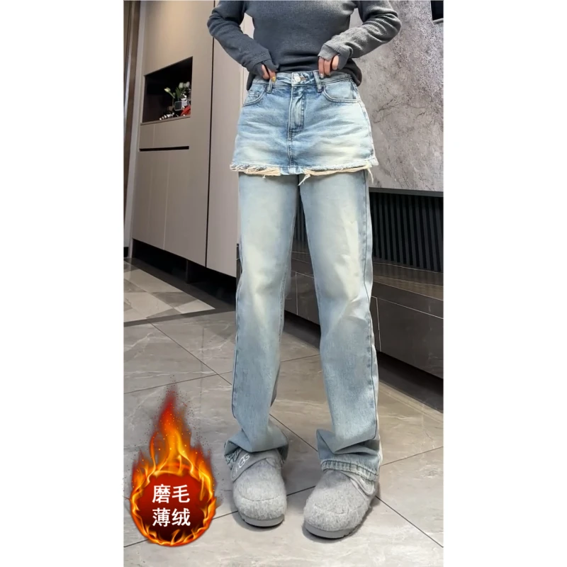 Aimeerosa/艾洛莎秋冬加绒水洗做旧裙裤牛仔裤子高腰显瘦直筒长裤