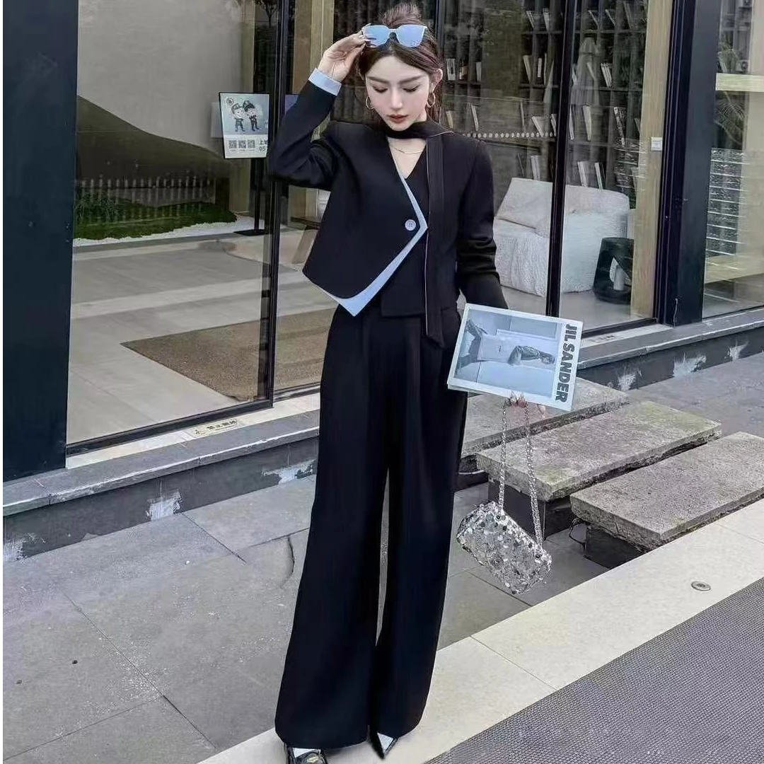 早春套装新款韩系高级感撞色西装阔腿裤时髦休闲西服显瘦阔腿裤