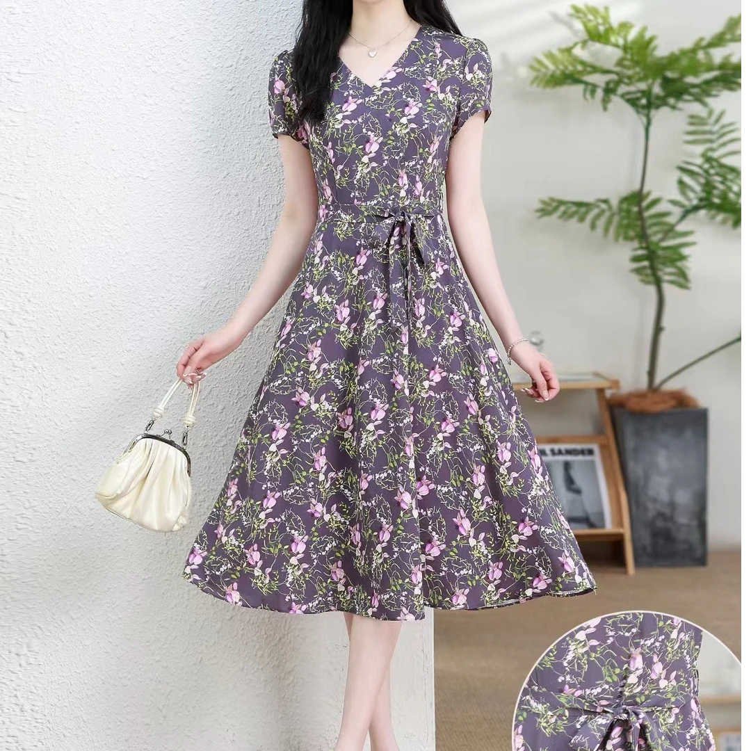 碎花印花夏季清新印花显瘦连衣裙收腰大码妈妈装复古显瘦2501#