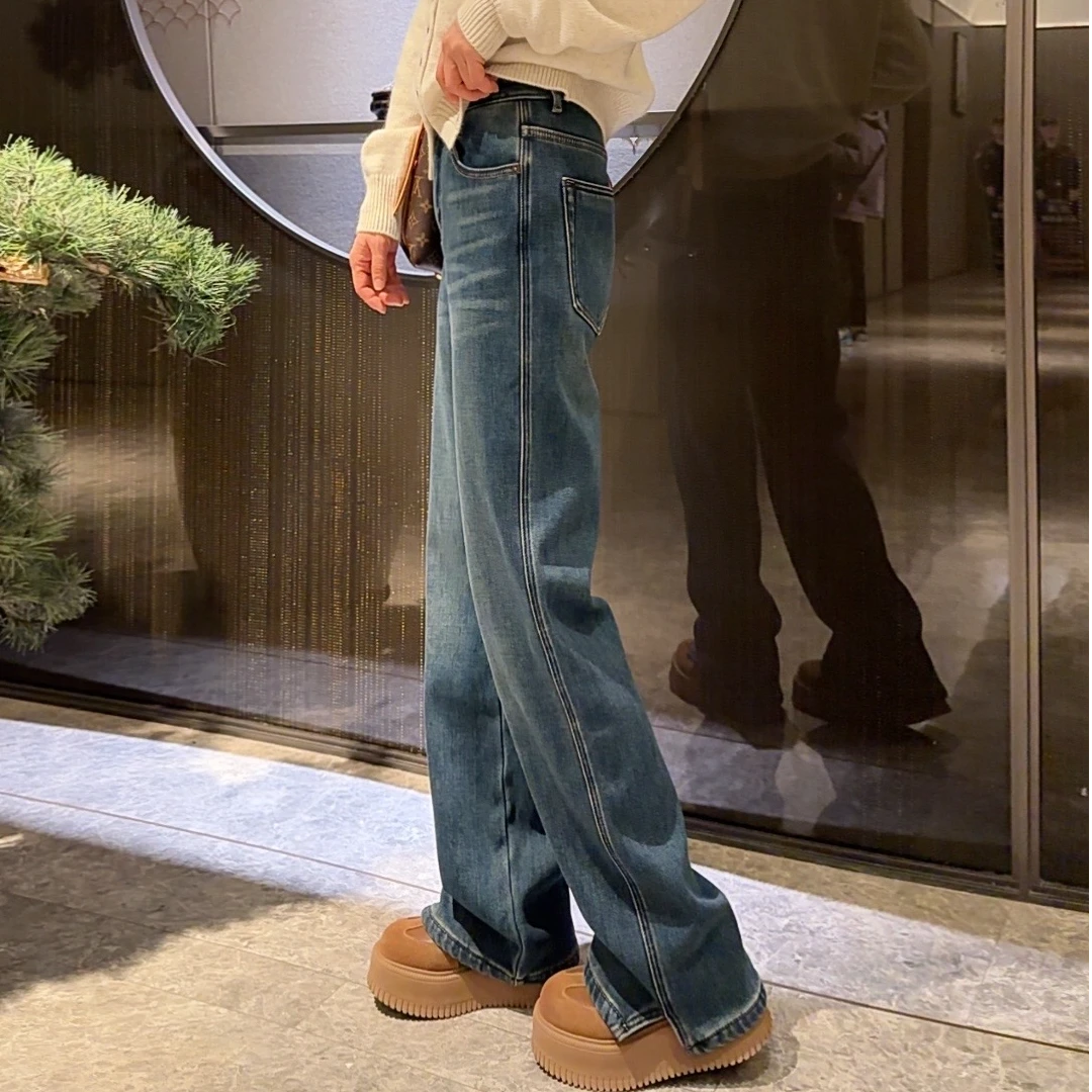 妮子严选冬款加厚绒直筒显瘦牛仔裤86080