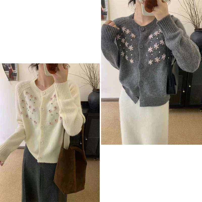 软乎乎绵羊绒韩版简约花朵款百搭圆领针织开衫女温婉洋气外套上衣