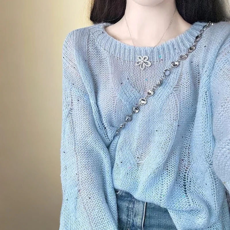 蓝色微透镂空马海毛针织衫春秋季新款温柔风软糯外穿宽松套头上衣