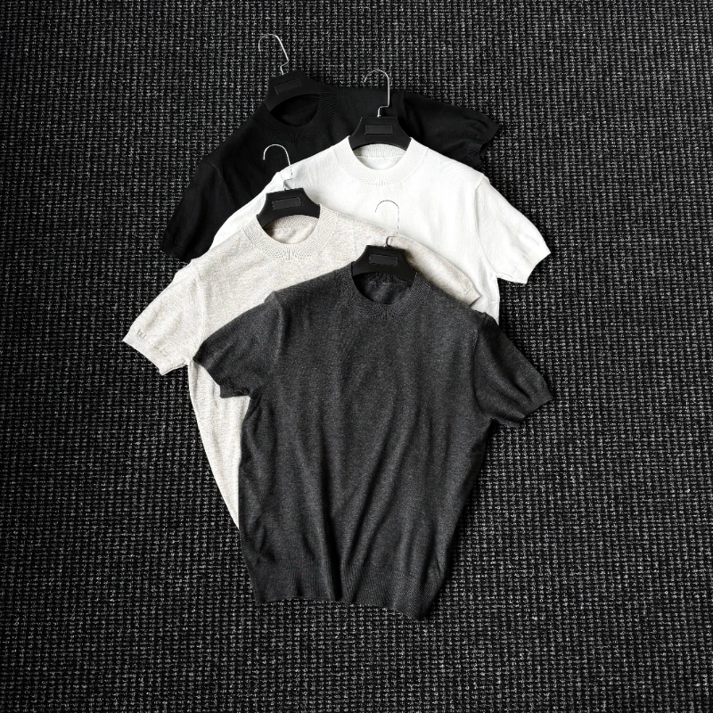 CssuGent早秋诺莱奥绒花纱半高领短袖毛衣男休闲百搭老钱短袖线衫