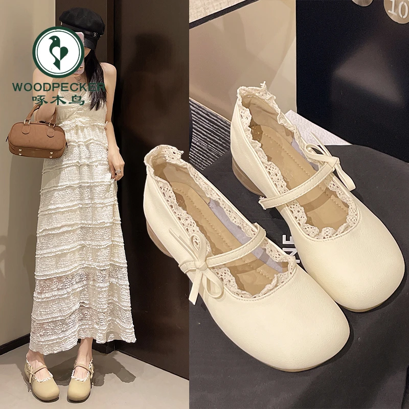 啄木鸟法式蕾丝浅口粗跟单鞋女2025新款春季百搭圆头复古玛丽珍鞋