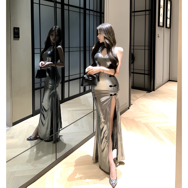 纯欲夏季银色旗袍款连衣裙新中式晚宴生日气质显身材流光包臀裙潮