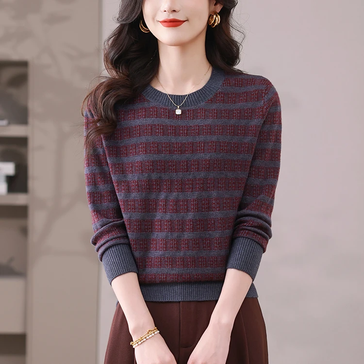 2025春季新款圆领条纹提花宽松显瘦时尚百搭长袖洋气针织衫L983