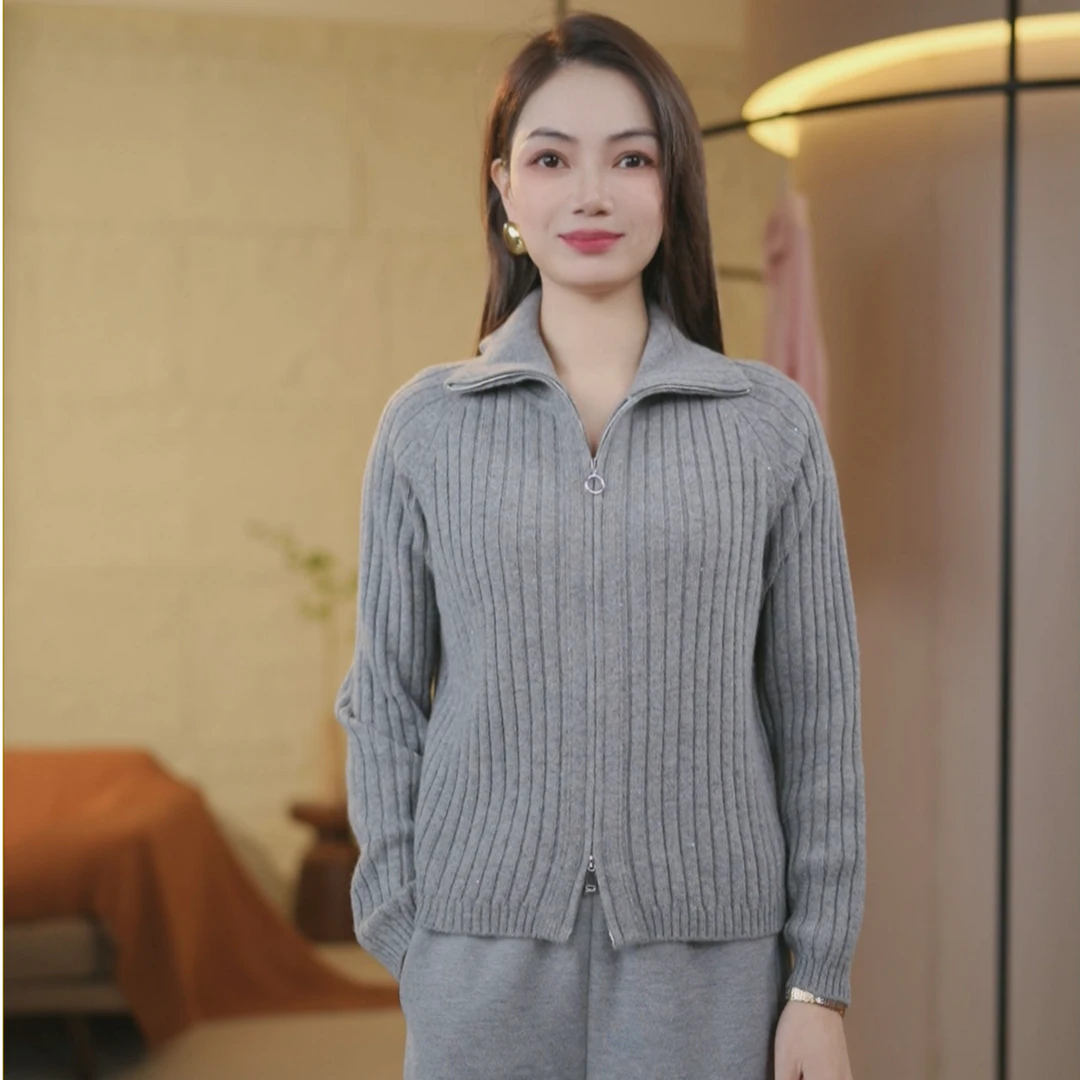 {重磅加厚百分百绵羊毛}亮片时尚休闲百搭针织女士长袖拉链衫8796