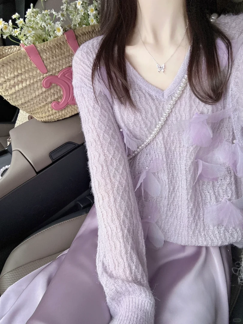 法式名媛高级感长袖针织衫上衣搭配高腰半身裙紫色两件套装女秋季