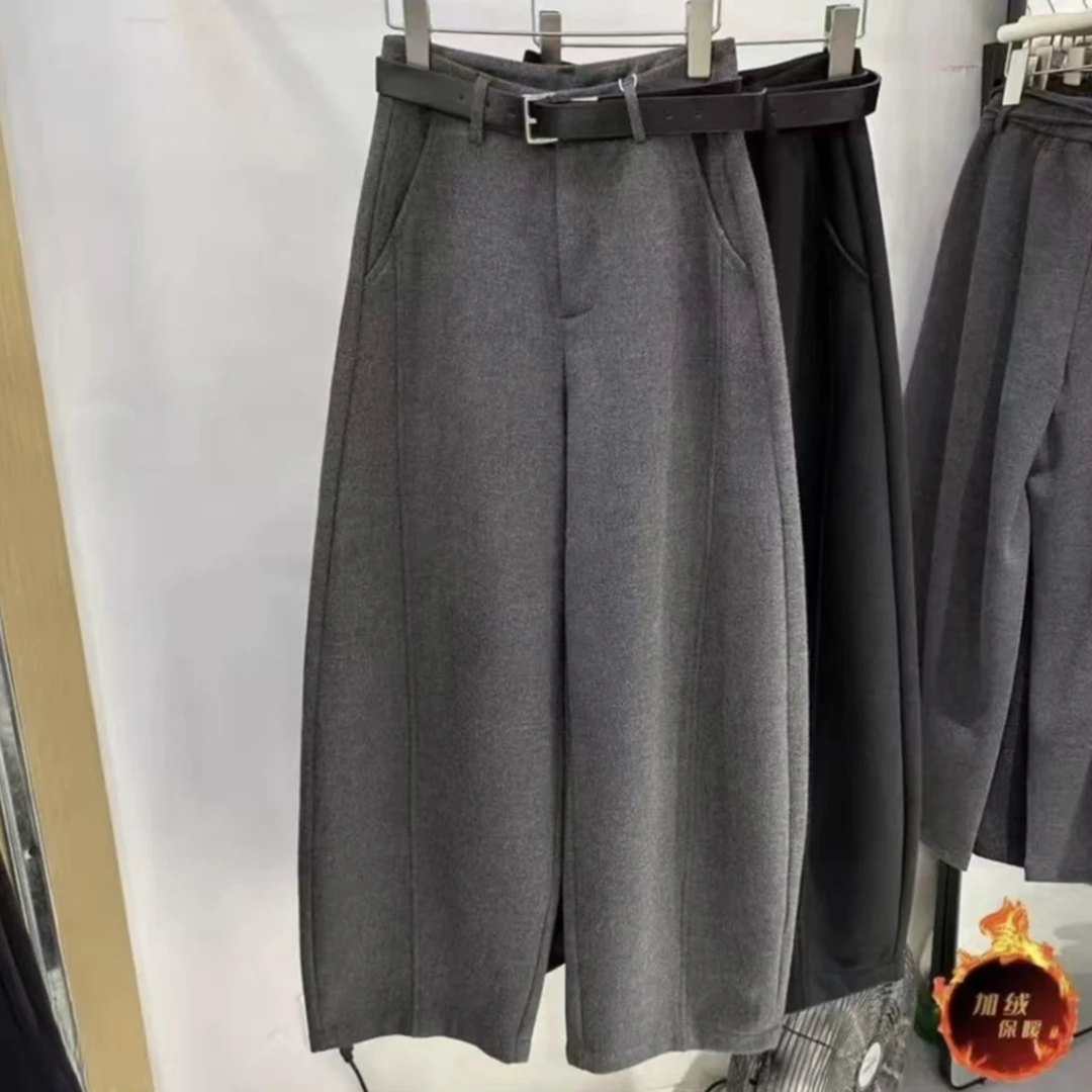 高级极简风秋冬新款加绒毛呢高腰弯刀直筒休闲裤女百搭西装阔腿裤