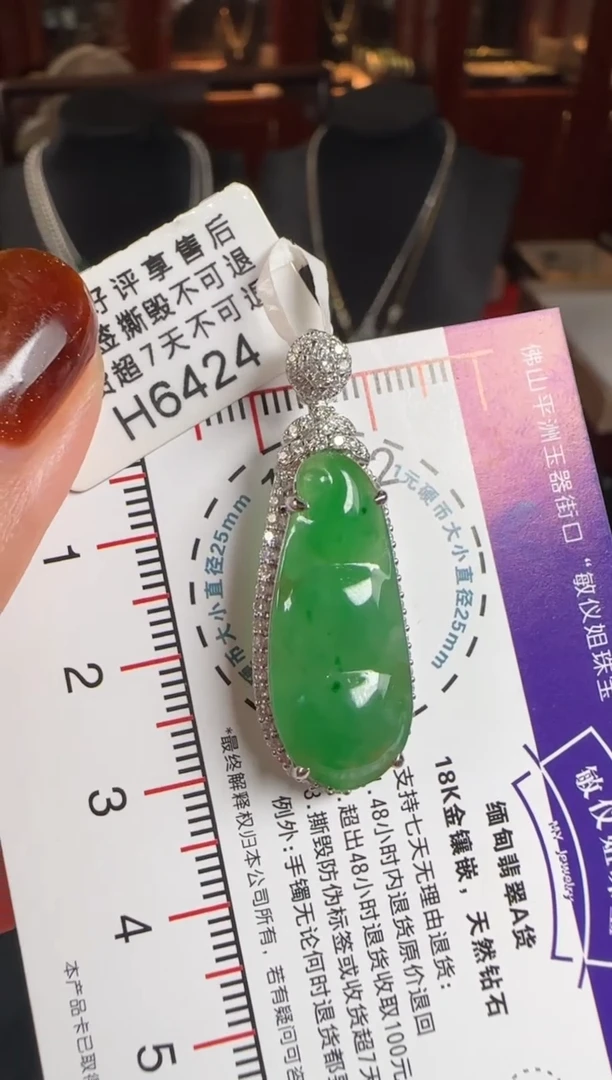 颈饰18K金镶嵌翡翠H6424冰绿富贵豆