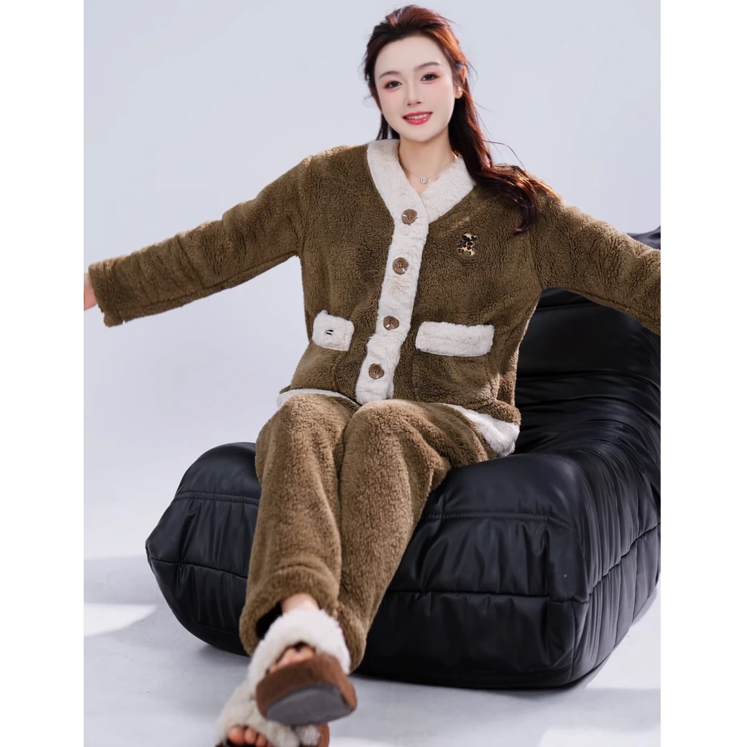 芬腾秋冬款加厚珊瑚绒睡衣女加绒开衫大口袋外穿家居服2025年新款