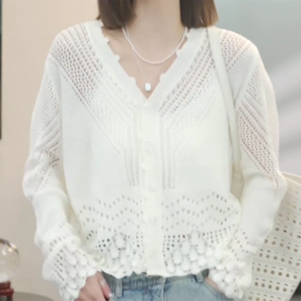 【云淡风轻】2025春季新款时尚气质休闲开衫纯色镂空设计感开衫外套