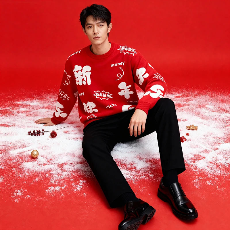 新年快乐毛衣跨年百搭男士长袖毛衣男女同款本命年红色打底衫情侣