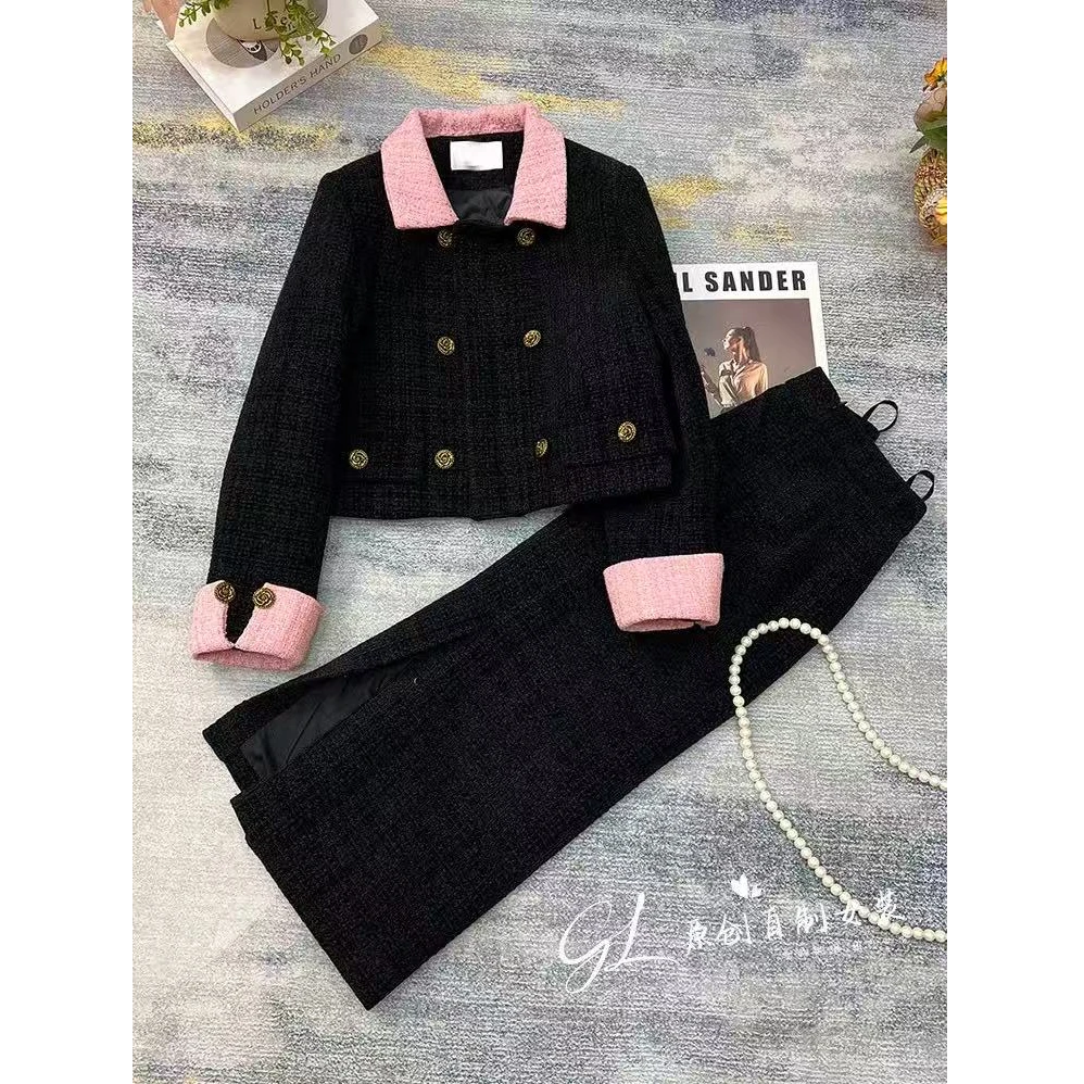 【两件套】小香风套装女2025冬气质双排扣外套半身裙两件S811093