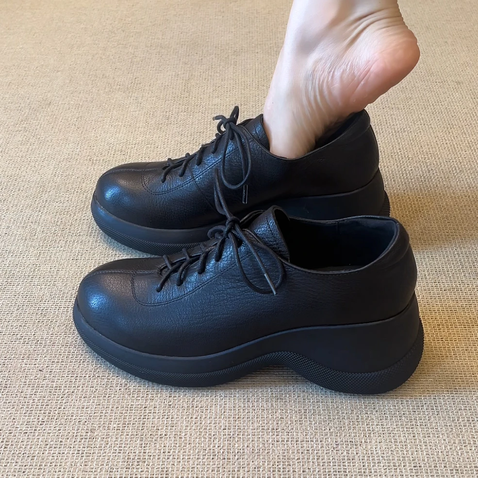 RubyL/6.5cm小个子通勤复古风百搭舒适系带圆头深口坡跟单鞋女款