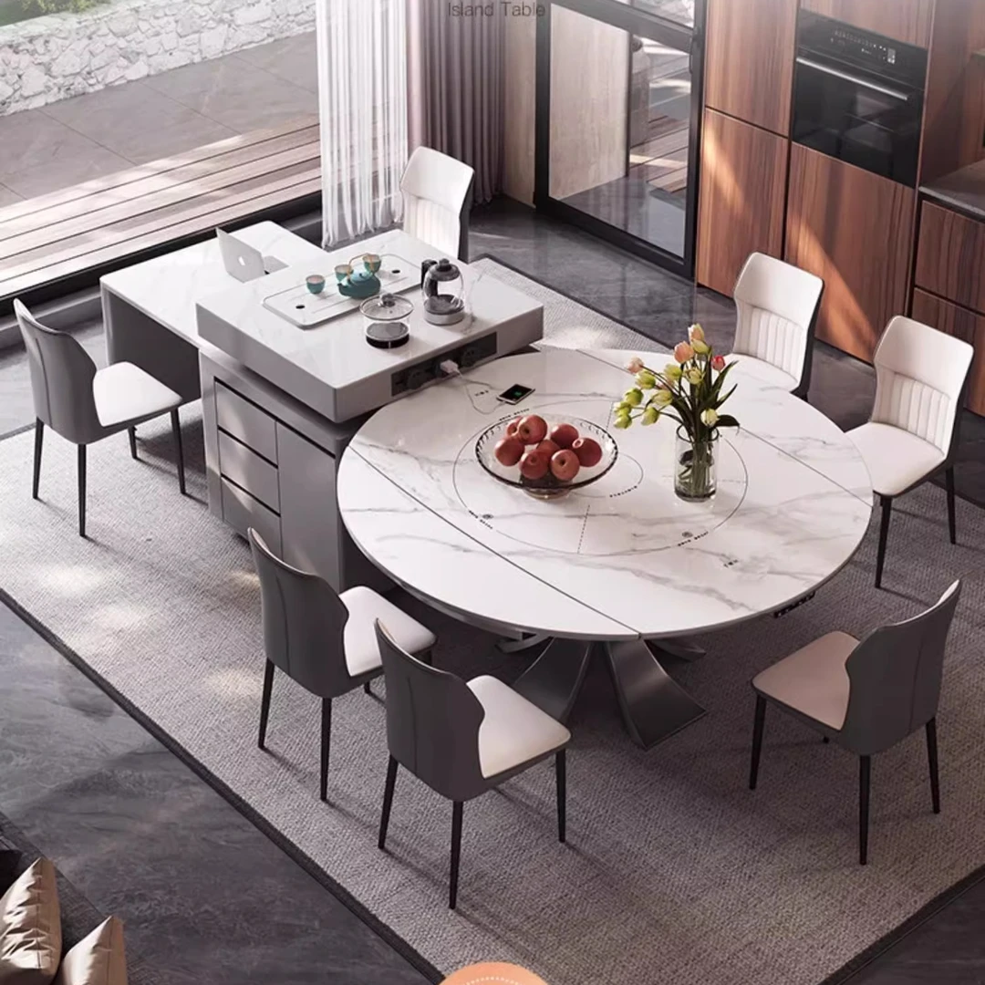 智能意式岛台餐桌一体升级款家用伸缩折叠电磁炉岩板变圆桌茶倒台