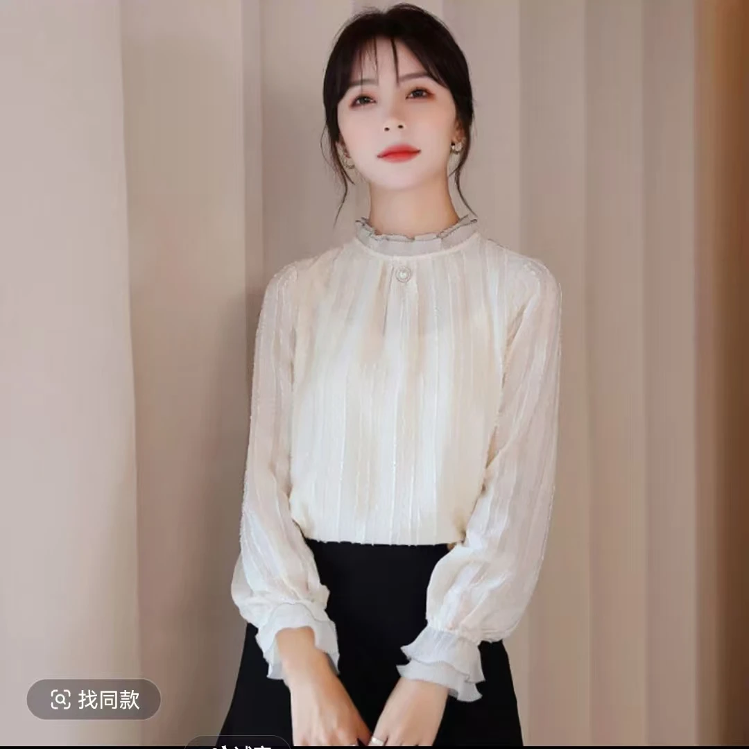 263加绒雪纺打底衫女春秋季新款法式蕾丝气质T恤蕾丝衫立领