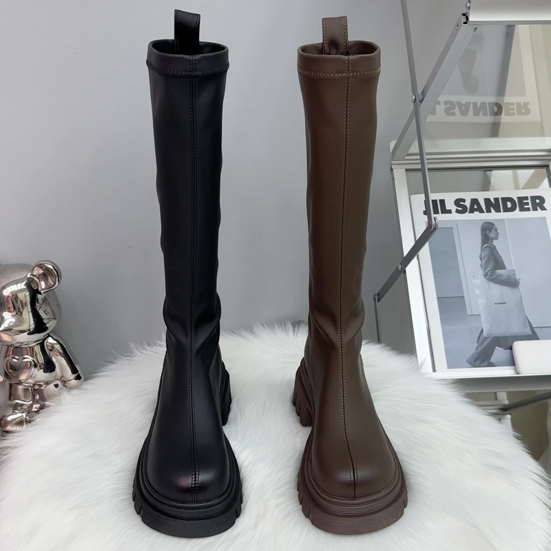 英伦风字母印花长靴子厚底百搭增高骑士靴女后拉链高筒弹力靴女靴