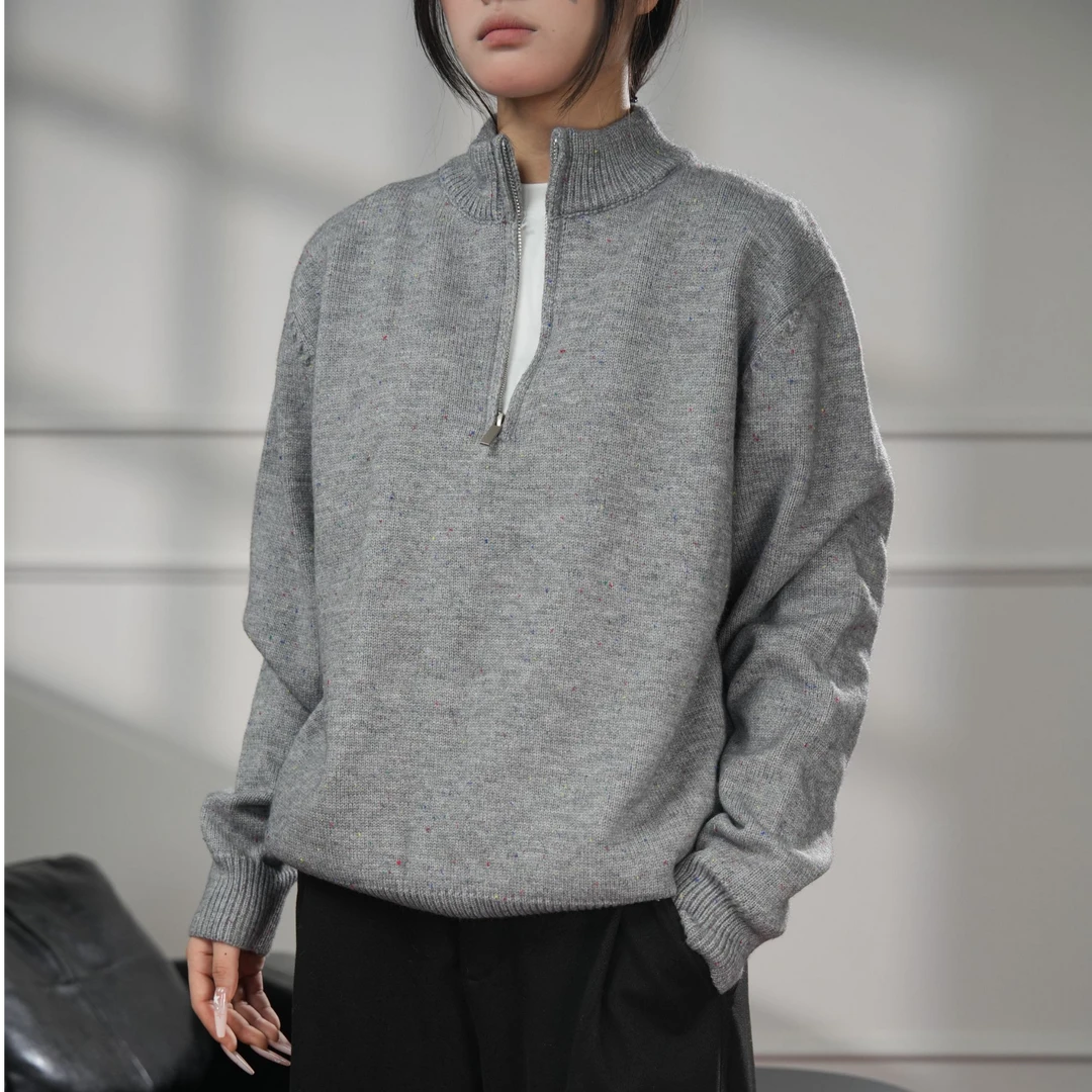 3-in-o 秋冬半拉链立领套头针织衫彩点羊驼毛加厚毛衣-STXC8536