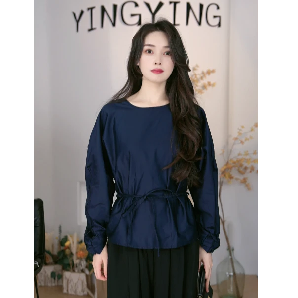 收腰衬衫通勤系带气质成人春季法式圆领修身型时尚小众秋季