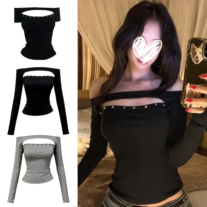 艺等YIDENG 黑色街头复古个性一字肩T恤女镂空修身纯欲风长袖上衣