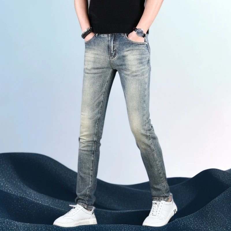 巴赛娜缇复古蓝色牛仔裤男款秋冬新款潮牌修身小脚裤弹力长裤爆款