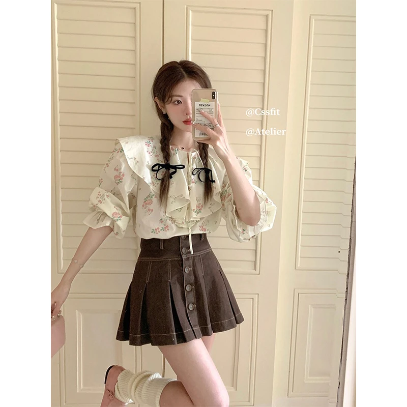 【折扣】迟伞伞 薄樱粉枝 荷叶领系带衬衫女上衣气质可爱碎花连衣裙