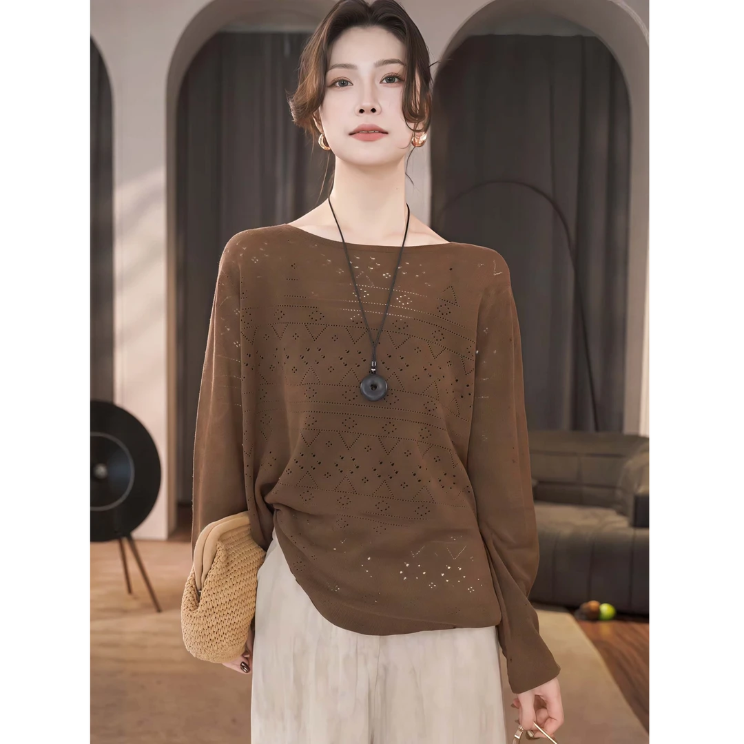 法式复古镂空钩花长袖针织衫2025秋季新款洋气百搭显瘦减龄上衣女