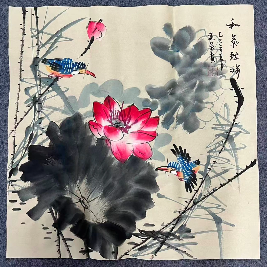 段连军老师手绘三尺斗方荷花鸟50*50CM