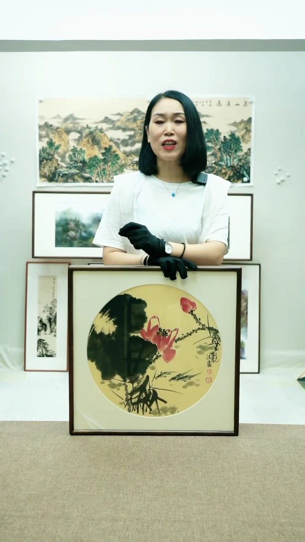 国画52*52李法良手绘花鸟带框